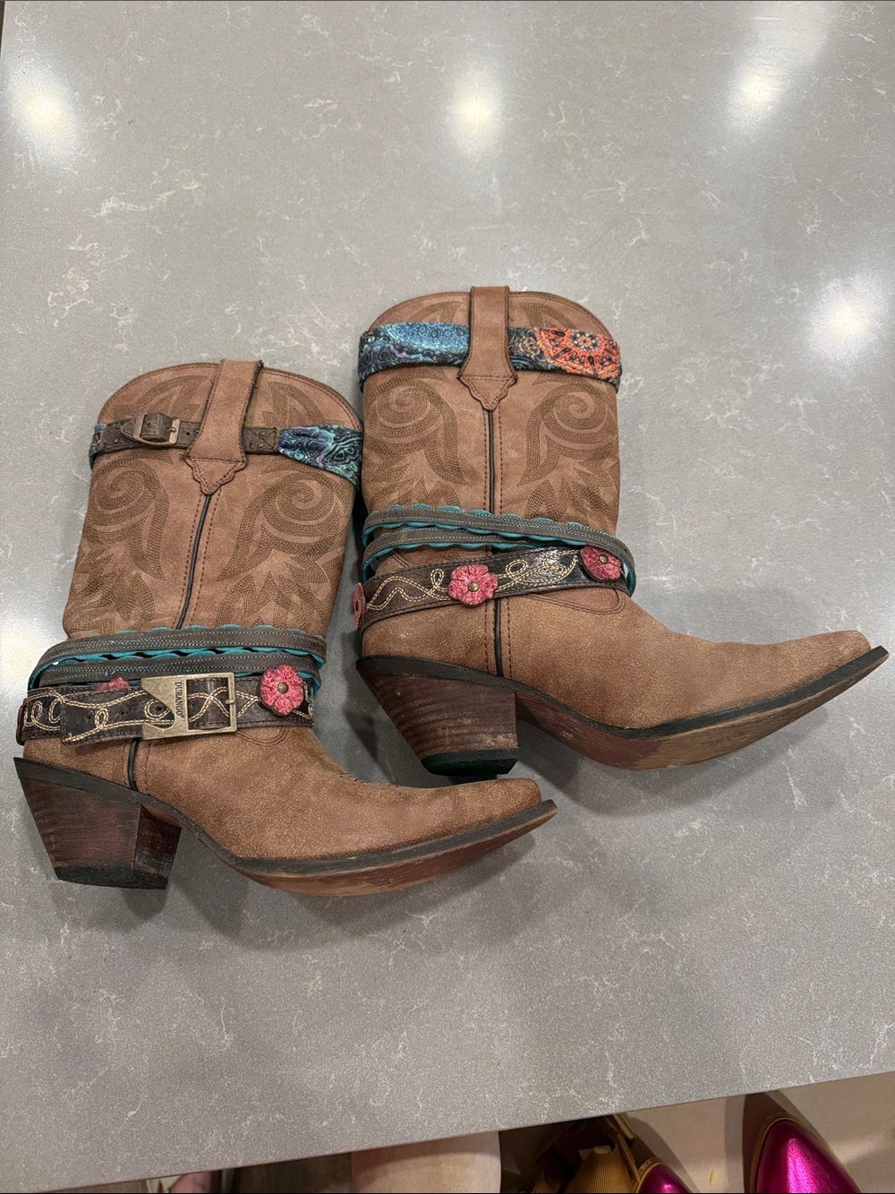 Durango Brown Western Boots with Turquoise & Coral Accents - Picture 2 of 8